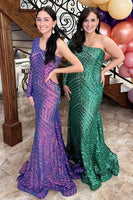 Load image into Gallery viewer, Sparkly Purple Sequin Long Sleeve Mermaid Long Prom Dress
