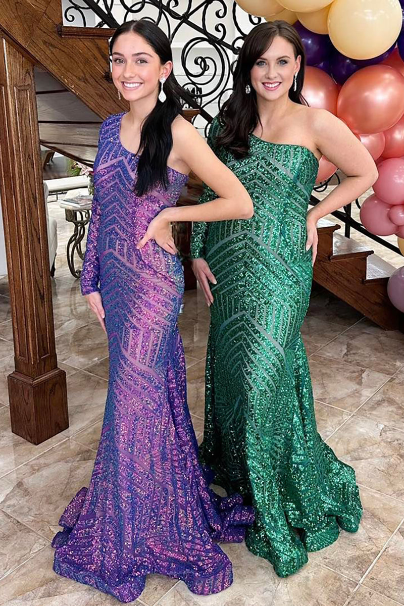 Load image into Gallery viewer, Sparkly Purple Sequin Long Sleeve Mermaid Long Prom Dress