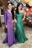 Load image into Gallery viewer, Sparkly Purple Sequin Long Sleeve Mermaid Long Prom Dress