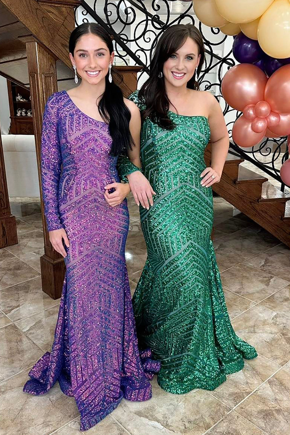 Sparkly Purple Sequin Long Sleeve Mermaid Long Prom Dress