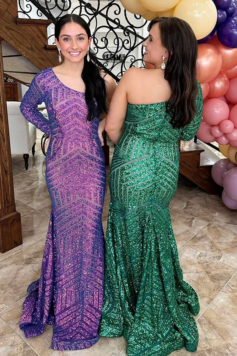 Load image into Gallery viewer, Sparkly Purple Sequin Long Sleeve Mermaid Long Prom Dress