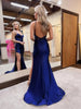 Load image into Gallery viewer, Sparkly Navy Corset Beaded Satin Mermaid Long Prom Dress with Slit