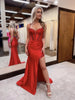 Load image into Gallery viewer, Sparkly Navy Corset Beaded Satin Mermaid Long Prom Dress with Slit