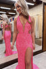 Load image into Gallery viewer, Sparkly Pink Sequin Mermaid V Neck Long Prom Dress with Slit