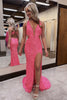 Load image into Gallery viewer, Sparkly Pink Sequin Mermaid V Neck Long Prom Dress with Slit