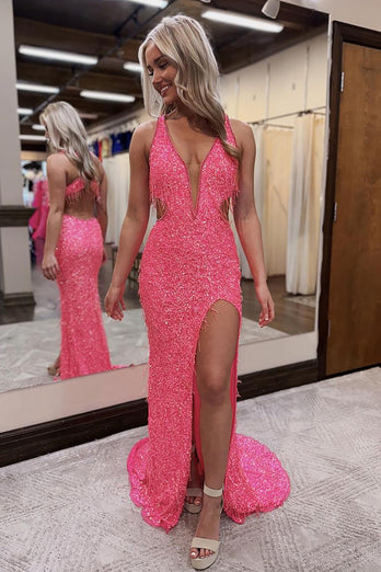 Sparkly Pink Sequin Mermaid V Neck Long Prom Dress with Slit