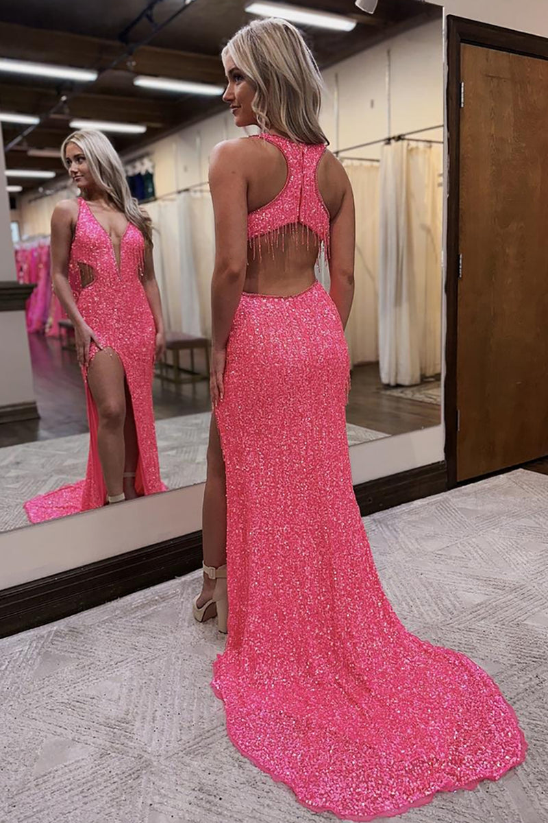 Load image into Gallery viewer, Sparkly Pink Sequin Mermaid V Neck Long Prom Dress with Slit