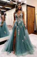 Load image into Gallery viewer, Women Sparkly Sage Corset Prom Dress with Slit Floral A Line Spaghetti Straps Backless Long Formal Dress with Appliques