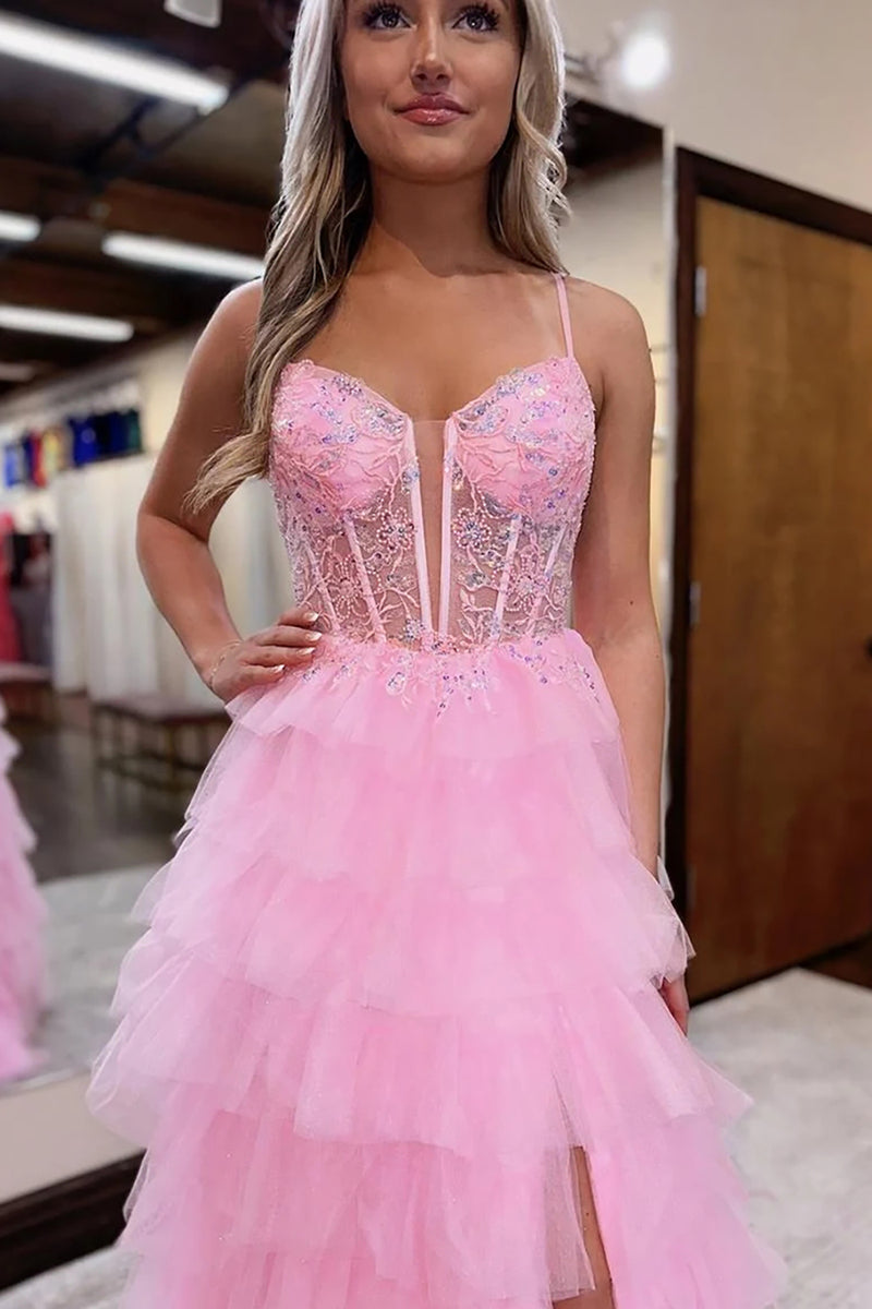 Load image into Gallery viewer, Princess Pink Tulle Corset Ball Gown Long Prom Dress with Slit