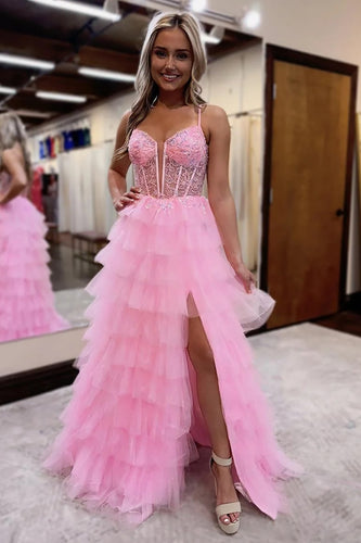 Princess Pink Tulle Corset Ball Gown Long Prom Dress with Slit