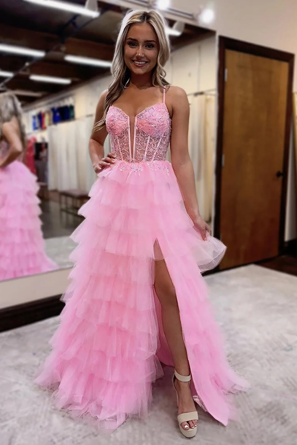 Princess Pink Tulle Corset Ball Gown Long Prom Dress with Slit