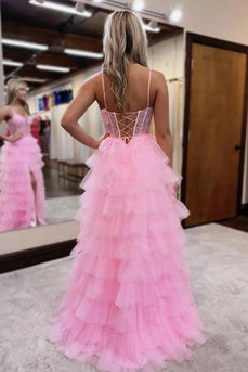 Princess Pink Tulle Corset Ball Gown Long Prom Dress with Slit