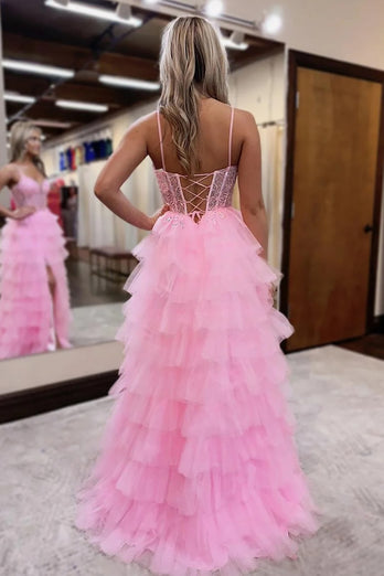 Princess Pink Tulle Corset Ball Gown Long Prom Dress with Slit