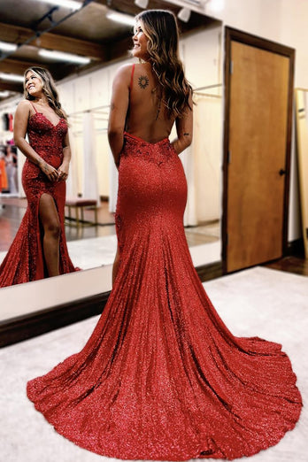 Sparkly Dark Red Sequin Mermaid Long Prom Dress with Slit