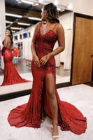 Load image into Gallery viewer, Sparkly Dark Red Sequin Mermaid Long Prom Dress with Slit