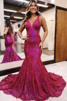 Load image into Gallery viewer, Sparkly Fuchsia Satin Printed Mermaid Long Prom Dress