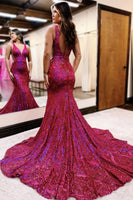 Load image into Gallery viewer, Sparkly Fuchsia Satin Printed Mermaid Long Prom Dress