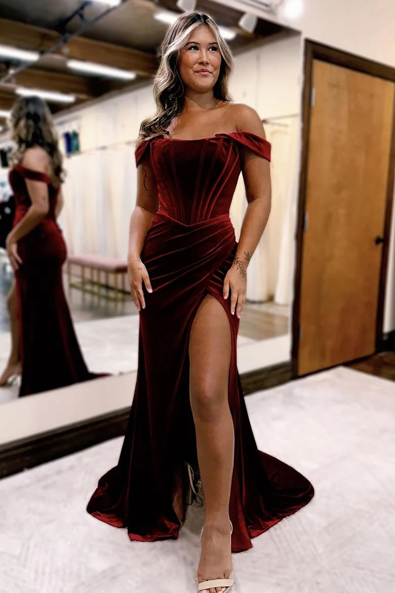 Load image into Gallery viewer, Burgundy Velvet Corset Mermaid Long Prom Dress with Slit