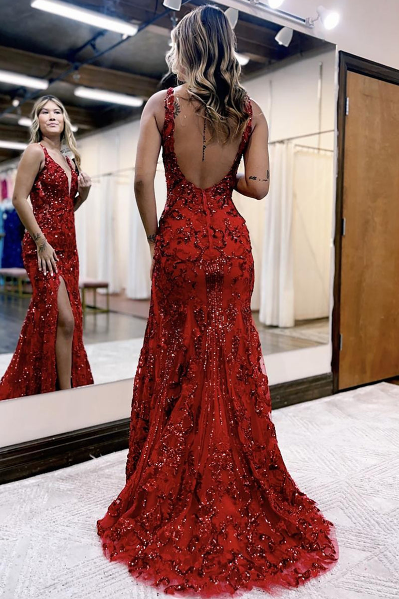 Load image into Gallery viewer, Sparkly Royal Blue Lace Mermaid Long Prom Dress with Slit