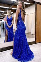 Load image into Gallery viewer, Sparkly Royal Blue Lace Mermaid Long Prom Dress with Slit