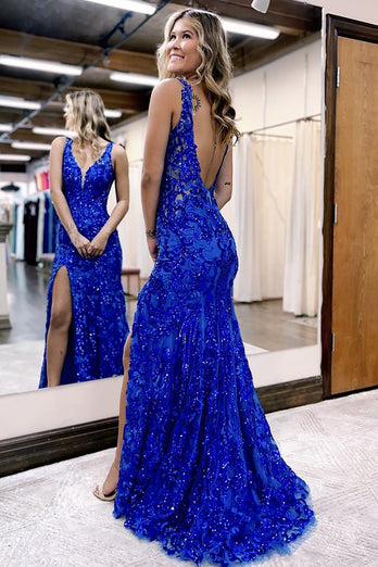 Sparkly Royal Blue Lace Mermaid Long Prom Dress with Slit