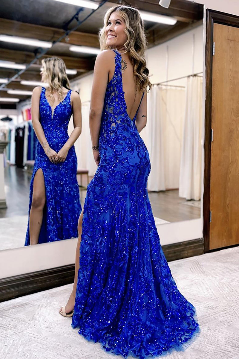 Load image into Gallery viewer, Sparkly Royal Blue Lace Mermaid Long Prom Dress with Slit