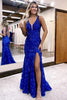 Load image into Gallery viewer, Sparkly Royal Blue Lace Mermaid Long Prom Dress with Slit