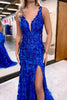 Load image into Gallery viewer, Sparkly Royal Blue Lace Mermaid Long Prom Dress with Slit