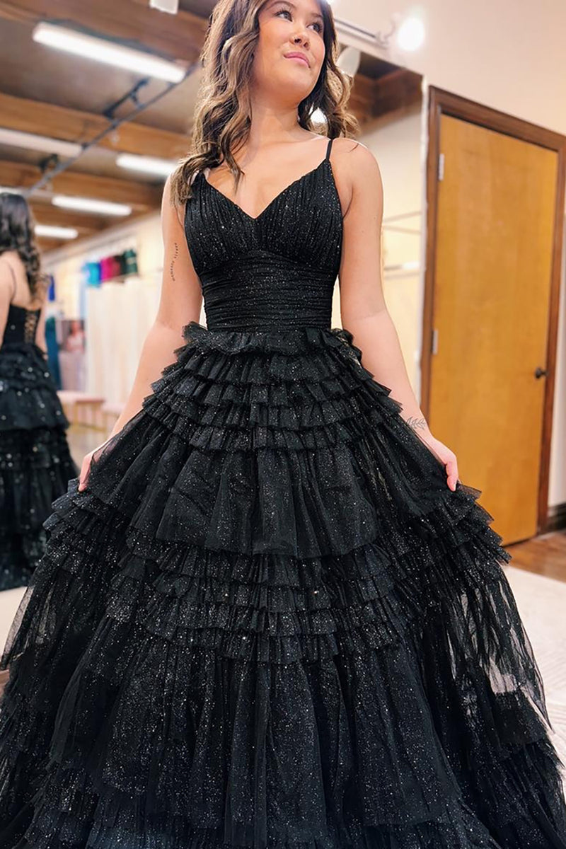 Load image into Gallery viewer, Glitter Princess Black Tulle Ball Gown Backless Long Prom Dress
