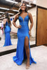 Load image into Gallery viewer, Sparkly Blue Beaded Mermaid Satin Long Prom Dress with Slit
