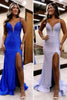 Load image into Gallery viewer, Sparkly Blue Beaded Mermaid Satin Long Prom Dress with Slit