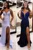 Load image into Gallery viewer, Sparkly Blue Beaded Mermaid Satin Long Prom Dress with Slit