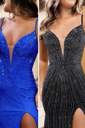 Sparkly Blue Beaded Mermaid Satin Long Prom Dress with Slit