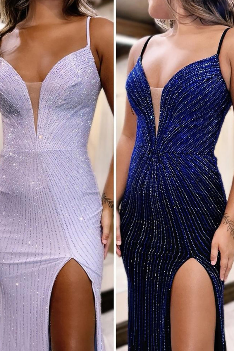 Load image into Gallery viewer, Sparkly Blue Beaded Mermaid Satin Long Prom Dress with Slit