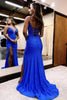 Load image into Gallery viewer, Sparkly Blue Beaded Mermaid Satin Long Prom Dress with Slit
