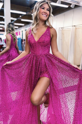 Sparkly Fuchsia Tulle Beaded Corset Short Prom Jumpsuits with Cape