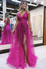 Load image into Gallery viewer, Sparkly Fuchsia Tulle Beaded Corset Short Prom Jumpsuits with Cape
