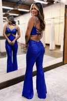 Load image into Gallery viewer, Sparkly Royal Blue Sequin Long Prom Jumpsuits with Cut Out