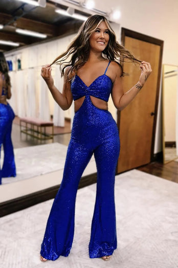 Sparkly Royal Blue Sequin Long Prom Jumpsuits with Cut Out
