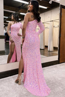 Load image into Gallery viewer, Sparkly Pink Sequin Beaded Long Sleeve Mermaid Long Prom Dress with Slit