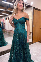 Load image into Gallery viewer, Sparkly Dark Green Floral Off the Shoulder Long Prom Dress