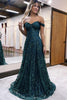 Load image into Gallery viewer, Sparkly Princess Dark Green Tulle A Line Long Prom Dress with Lace