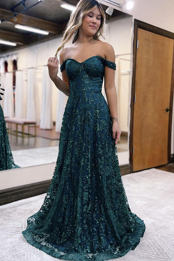 Sparkly Princess Dark Green Tulle A Line Long Prom Dress with Lace