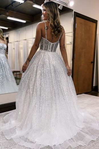 Princess Sparkly White Corset Sequin Ball Gown Long Prom Dress