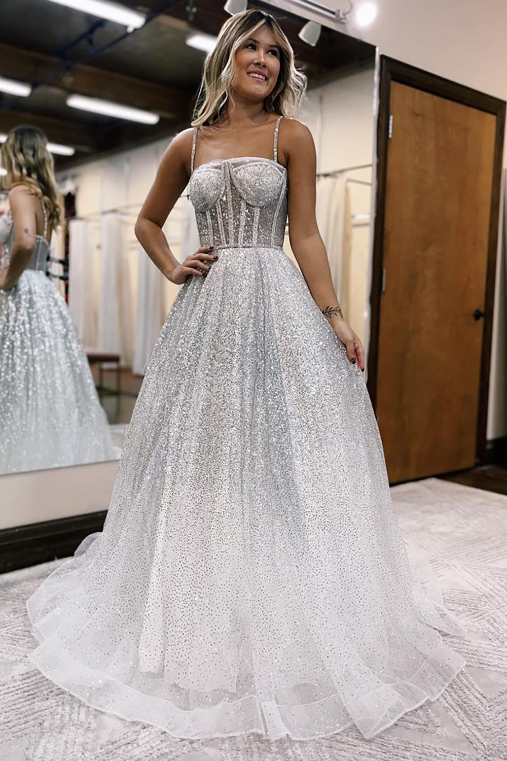 Princess Sparkly White Corset Sequin Ball Gown Long Prom Dress