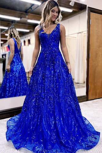Sparkly Princess Royal Blue Organza Ball Gown Long Prom Dress with Lace