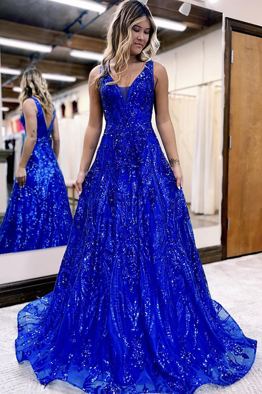 Sparkly Princess Royal Blue Organza Ball Gown Long Prom Dress with Lace