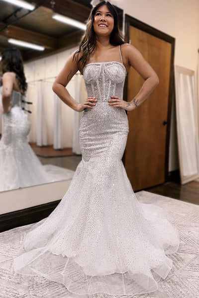 Sparkly White Sequin Corset Mermaid Long Prom Dress