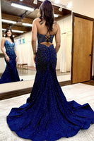 Load image into Gallery viewer, Sparkly Navy Beaded Mermaid Satin Long Prom Dress