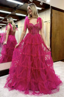 Load image into Gallery viewer, Sparkly Princess Fuchsia Tulle Corset Ball Gown Long Prom Dress with Ruffles